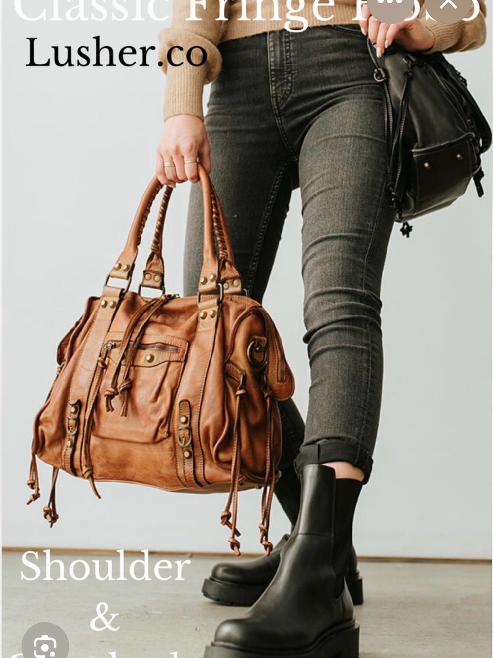 LUsher Tan Braided-Handle Italian Leather Shoulder Bag with Fringe w/Dust bag